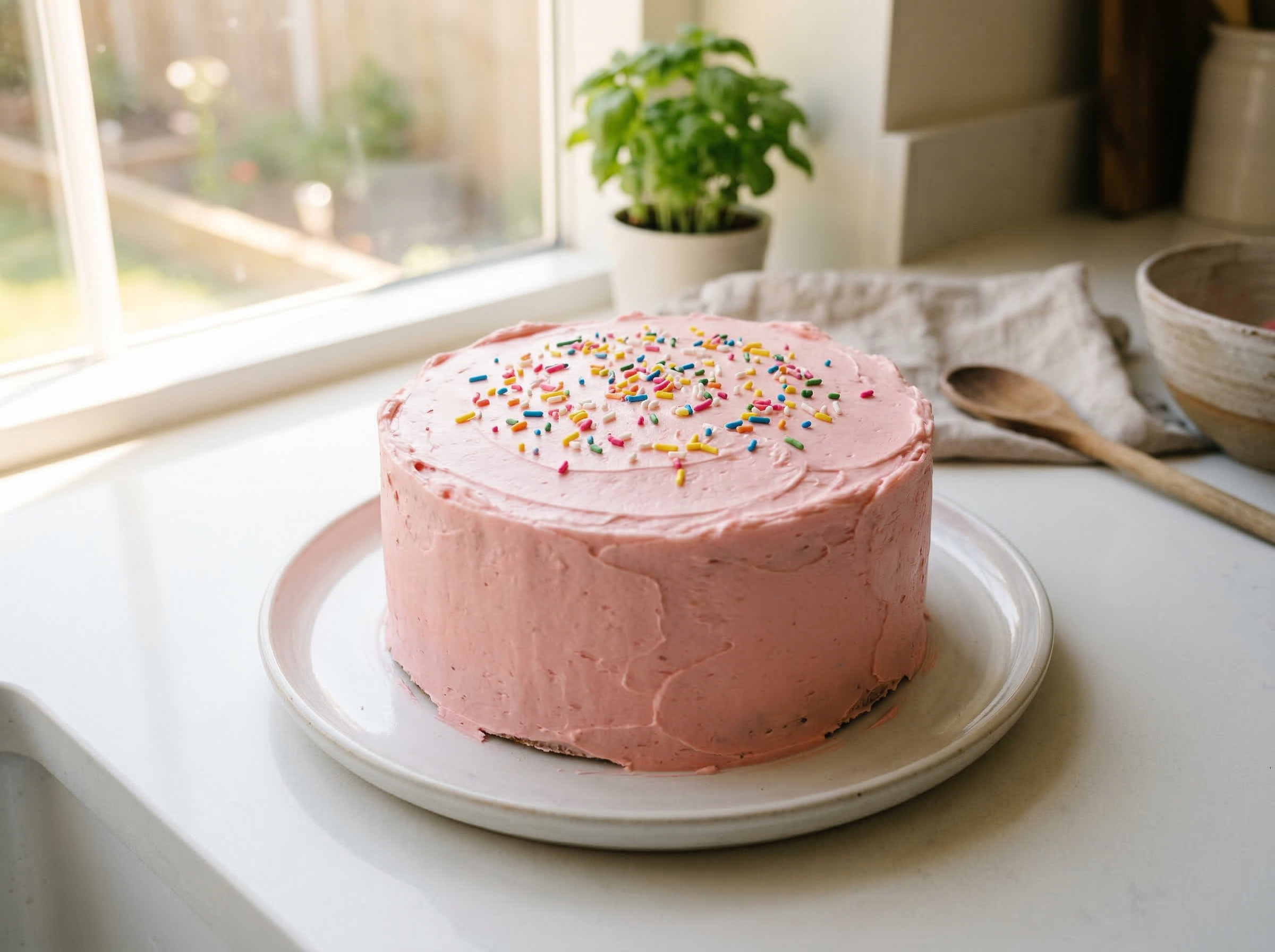 A simple homemade single-tier pink frosted cake with colorful sprinkles on a white plate