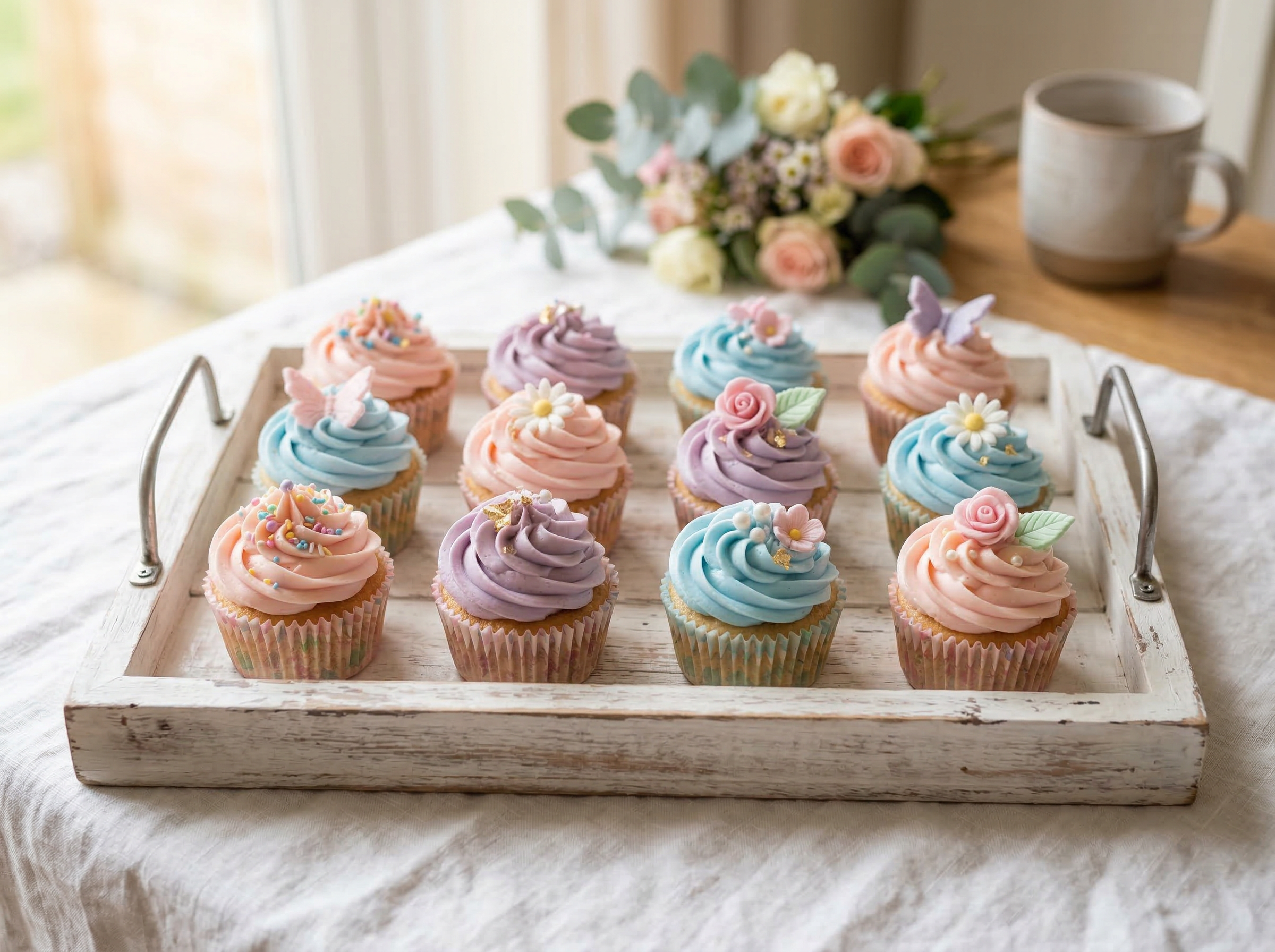 A dozen cupcakes with pink, purple, and blue buttercream frosting on a rustic white tray